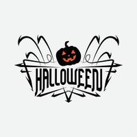 gelukkig halloween partij titel logo sjabloon met onheil pompoen vorm vector
