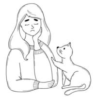 schattig verdrietig eenzaam meisje met kat. vector illustratie. lineair hand- tekening in tekening. schets karakter voor concept van emotie, verdrietig vakantie en eenzaamheid.