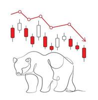 naar beneden pijl Aan de cryptogeld markt. beer silhouet doorlopend een lijn kunst. crypto neerwaartse trend. Japans kaarsen en beer symbool. vector geïsoleerd Aan wit