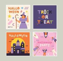 halloween kaart. heks, vampier kasteel, mensen in halloween kostuums, truc of traktatie. vector