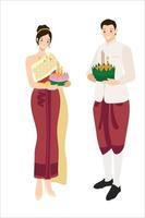 schattig Thais paar in traditioneel rood jurk Aan drijvend bloemen loy krathong festival vector