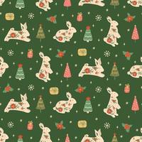 Kerstmis konijn patroon. nieuw jaar 2023 naadloos achtergrond, textiel, kleding stof ontwerp. vector afdrukken met konijnen, haas, geschenken, Kerstmis boom, bloemen, sneeuwvlokken. schattig illustratie van bloemen konijnen.