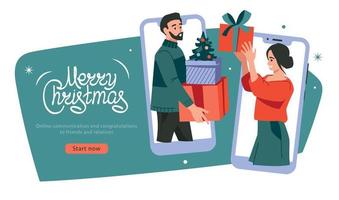 online kerstmis. nieuw jaar geschenken. Mens en vrouw met cadeaus in mobiel telefoons. vector afbeelding.