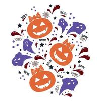 halloween pompoenen met tekst en symbolen van spinnenwebben en vleermuizen. kleur vector illustratie