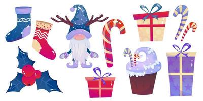 Kerstmis clip art met kabouter, geschenk, taart en hulst. vector tekenfilm illustratie element set. vakantie sneeuw winter ontwerp.