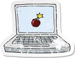 retro verontrust sticker van een tekenfilm laptop computer met bom symbool vector