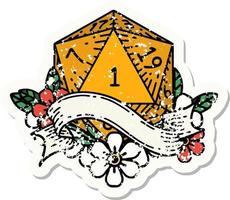 grunge sticker van een natuurlijk een d20 Dobbelsteen rollen vector