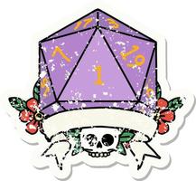 grunge sticker van een natuurlijk een d20 Dobbelsteen rollen vector