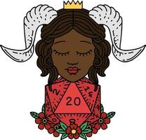 retro tatoeëren stijl tiefling met natuurlijk twintig d20 Dobbelsteen rollen vector