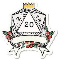 grunge sticker van een natuurlijk 20 kritiek raken d20 Dobbelsteen rollen vector