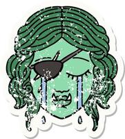 grunge sticker van een huilen voor de helft orc schurk karakter gezicht vector