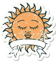 versleten oud sticker met banier van een zon met gezicht vector
