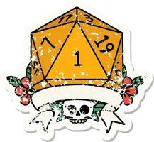 grunge sticker van een natuurlijk een d20 Dobbelsteen rollen vector