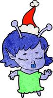 schattig buitenaards wezen meisje getextureerde tekenfilm van een vervelend de kerstman hoed vector