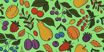 licht groen vector naadloos patroon met kleurrijk fruit en bessen