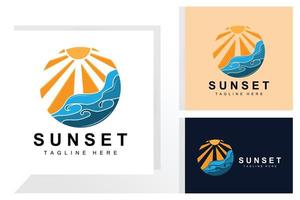 zonsondergang strand logo ontwerp, zeegezicht illustratie, rood dag vakantie plek vector