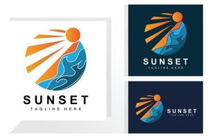 zonsondergang strand logo ontwerp, zeegezicht illustratie, rood dag vakantie plek vector
