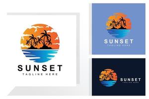 zonsondergang strand logo ontwerp, zeegezicht illustratie, rood dag vakantie plek vector