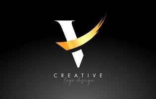 gouden borstel brief v logo ontwerp met creatief artistiek verf borstel beroerte en modern kijken vector