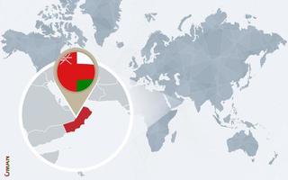 abstract blauw wereld kaart met uitvergroot Oman. vector