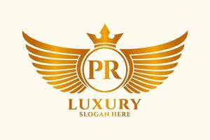 luxe Koninklijk vleugel brief pr kam goud kleur logo vector, zege logo, kam logo, vleugel logo, vector logo sjabloon.