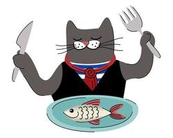 kat aan het eten vis. vector geïsoleerd illustratie.