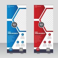 bedrijf rollen omhoog spandoek. zakelijke rollen omhoog achtergrond voor presentatie. verticaal rollen omhoog, x-stand, tentoonstelling Scherm, Oprolbaar banier staan vector