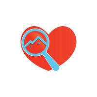 vinden liefde en huis logo ontwerp. vergroten glas hart huis logo ontwerp voor echt landgoed eigendom. vector