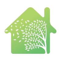 boom logo ontwerp met doorbladert en huis icoon sjabloon elementen bedrijf bedrijf. wind blazen door bladeren. natuur of milieu problemen of ecologisch concept vector