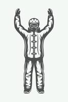 wijnoogst winter sportman in ski pak. monochroom grafisch kunst. vector illustratie.