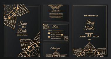 luxe mandala bruiloft uitnodiging kaart reeks sjabloon met gouden arabesk patroon Arabisch Islamitisch achtergrond stijl. bewerkbare vector het dossier. decoratief mandala voor afdrukken, poster, omslag, folder, spandoek.