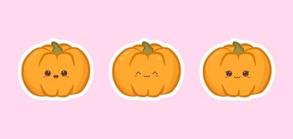 reeks van schattig stickers pompoenen met grappig gezicht. verzameling van halloween pompoenen in kawaii stijl. vector illustratie