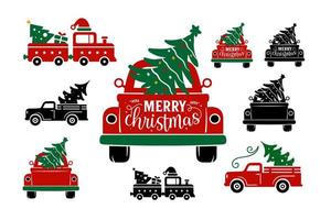 vrolijk Kerstmis vrachtauto boom belettering schoonschrift vector set. hand getekend belettering poster voor kerstmis. Kerstmis vrachtauto boom citaten schoonschrift belettering vector illustratie.