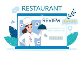 restaurant beoordeling recensie sjabloon hand- getrokken tekenfilm vlak illustratie met klant feedback, tarief ster, deskundige mening en online enquête vector