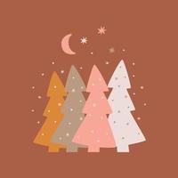 roze Kerstmis boom grafisch element. Kerstmis boom donker achtergrond. nacht Spar boom decoratief illustratie. roze Spar boom vector winter Woud. nordic tafereel, symbool.