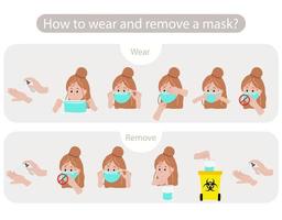 man die toont hoe het masker te dragen en te verwijderen vector