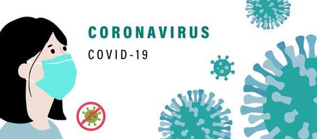 coronavirus banner met gemaskerde vrouw en viruscellen vector