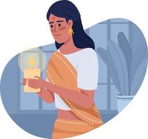 vrouw met kaars vieren diwali 2d vector geïsoleerd illustratie. traditioneel vakantie vlak karakter Aan tekenfilm achtergrond. Indisch fest kleurrijk bewerkbare tafereel voor mobiel, website, presentatie