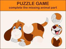 schattig hond tekenfilm zitten. compleet de puzzel en vind de missend onderdelen van de afbeelding vector