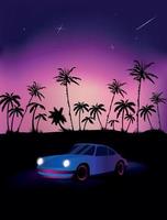 strand visie met palm boom en auto fantasie landschap illustratie vector