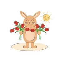 konijn met een boeket van tulpen. voorjaar karakter met bloemen en zon. schattig beige konijn. 8 maart, vrouw dag groet kaart. seizoensgebonden vector illustratie in vlak stijl
