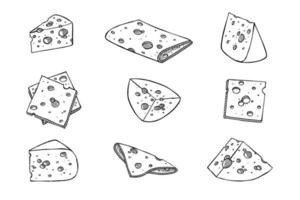 hand- getrokken reeks van kaas onderdelen en plakjes. kaas icoon. vector kaas clip art