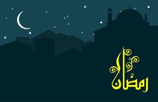 bewerkbare nacht tafereel van stad en moskee silhouet vector illustratie met Arabisch schoonschrift van Ramadan woord voor Islamitisch religieus momenten
