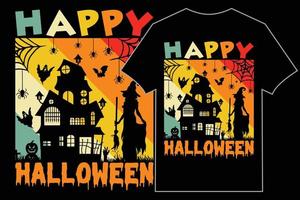 halloween t-shirt ontwerp grafiek. vector tekenfilm stijl illustratie van boom, heks, vleermuizen en veel meer