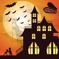 halloween achtervolgd huis achtergrond met helling lichten vector