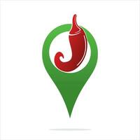 Chili en kaart wijzer logo ontwerp. heet voedsel en GPS locator symbool of icoon. vector