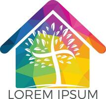 abstract huis en boom religieus kruis symbool icoon vector ontwerp. kerk en christen organisatie logo.