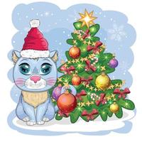 schattig tekenfilm kat in santa's hoed in de buurt de versierd Kerstmis boom. winter 2023, Kerstmis en Chinese nieuw vector