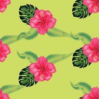 tropisch hibiscus bloemen en palm bladeren boeketten naadloos patroon vector