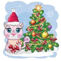 schattig tekenfilm kat in santa's hoed in de buurt de versierd Kerstmis boom. winter 2023, Kerstmis en Chinese nieuw vector